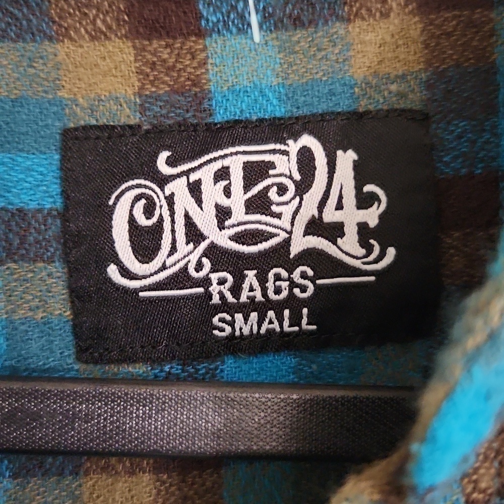 One 24 Rags Flannel Button Down Plaid Shirt Small Raw Hem Oversized Fall - Picture 8 of 12
